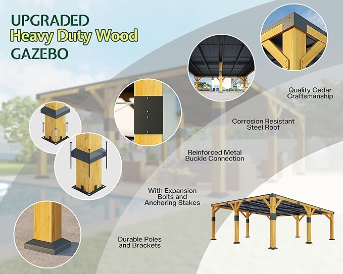 Jocisland 20' x 20' Cedar Wood Gazebo with Sloped Galvanized Steel Roof, Hardtop Gazebo Pavilion with Durable, Rot-Resistant Construction, Permanent Outdoor Pergola for Backyard, Garden & Deck