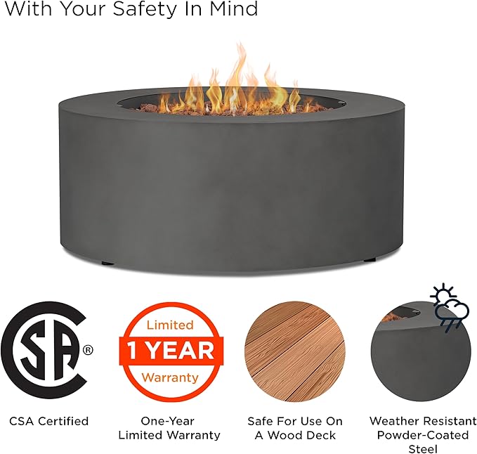 Real Flame Aegean 36" Round Propane or Natural Gas Fire Pit Table, 50,000 BTU, Powder-Coated Steel, Push-Button Ignition, CSA Certified, Lava Rock, Storage Cover, Stainless Steel Burner with Lid
