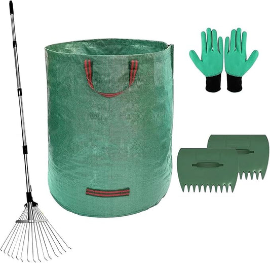 68 Inch Rake for Leaves, Metal Leaf Rake Set with 72 Gallon Leaf Bags,Leaf Scoops Hand Claws, Work Gloves– Complete Yard Tool Kit for Outdoor Garden Lawns Yard Shrub Grass Bush