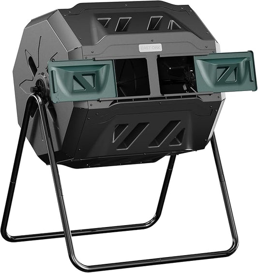 East Oak Compost Tumbler Outdoor, 43-Gal Dual Chamber Compost Bin with 2 Sliding Door and Aeration System, Tumbling Rotating Composter Bin for Kitchen, Garden, Yard