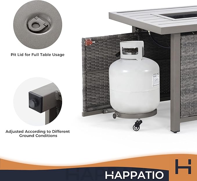 Fire Pit Table, HAPPATIO 42inch 50000 BTU Propane Fire Pit with Metal Fence Table Top, Lid, Black Glass Rock, CSA Safety Certified for Patio Balcony Backyard (Gray)