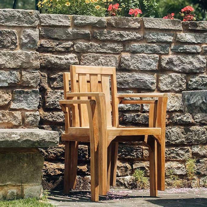 TITAN GREAT OUTDOORS Ash & Ember Sage Grade A Teak Classic Stacking Armchairs, Weather Resistant Premium Solid Wood Patio Lounge Chair with Intricate Back Support (6 Pack)