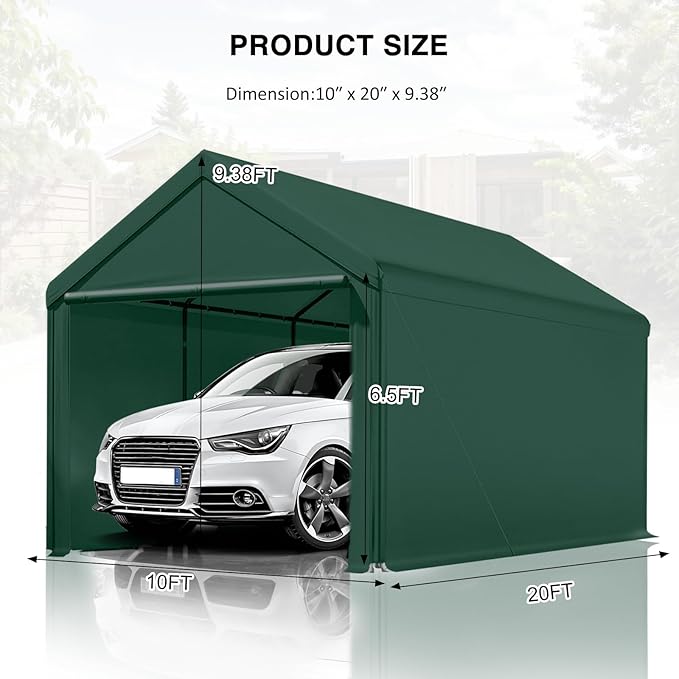 Carport Canopy 10x20 Heavy Duty, Portable Carport Garage with Removable Sidewalls and Door, Car Port with Waterproof Canopy for All Season (Green)