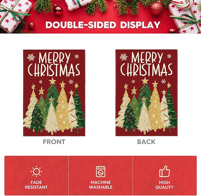 AVOIN colorlife Merry Christmas Garden Flag 12x18 Inch Double Sided Outside, Christmas Trees Winter Holiday Yard Outdoor Flag Red