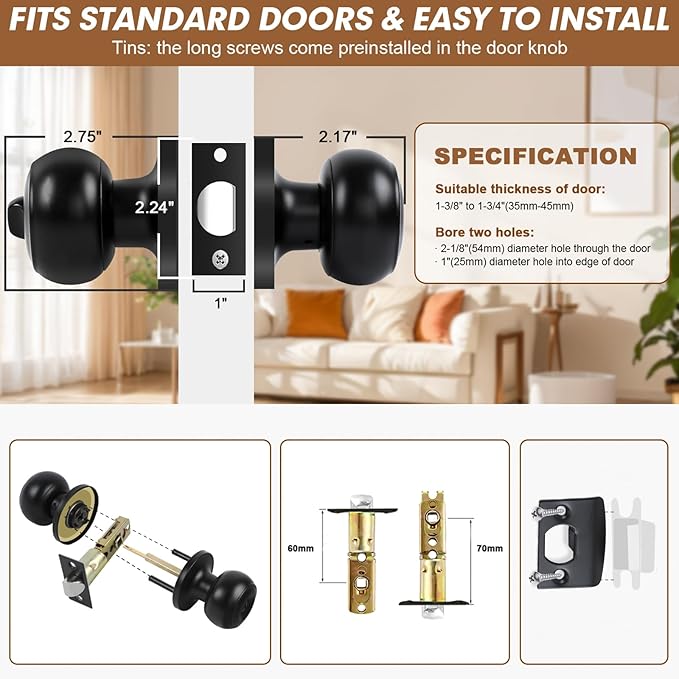 RAZCC Privacy Door Knobs, 10 Pack Matte Black Door Knobs with Lock, Bed and Bath Door Knob Interior Keyless Locksets, Round Door Handles Reversible for Left Right Handed Doors