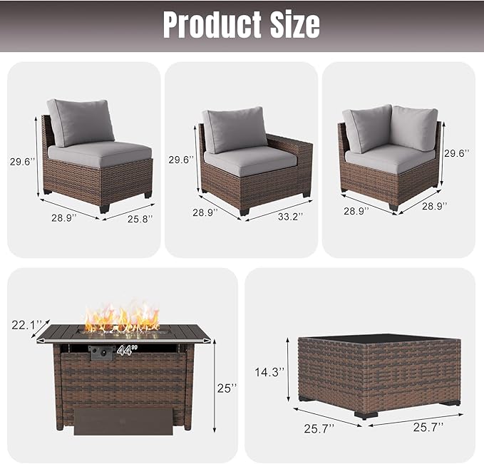 Aoxun 7 Pieces Patio Furniture Set with 44” Fire Pit Table Wicker Rattan Outdoor Sectional Conversation Set with Coffee Table and 4” Thickened Cushions, Gray(Waterproof Cover Included)
