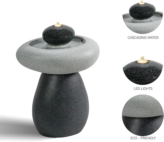 Puulye 24.02" H Outdoor Water Fountain Made with Eco-Friendly Recyclable Materials, Polyethylene Rock Waterfall Outdoor Fountain, Garden Decor with LED Light & Pump for Patio, Backyard