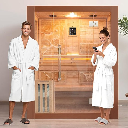 Smartmak Wood Home Steam Sauna, WiFi Control 3 Person Canadian Red Cedar Traditional Luxurious Wooden Indoor Spa Room, with 4.5 kw Heater, Speaker, Rocks, Water Bucket, Spoon, Sky Lights
