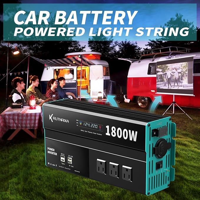 Power Inverters 500W 12V DC to 110V AC Converter for Vehicles USB-C/PD 25W Fast Charging Ports Car Charger Adapter with a Cigarette Lighter Ports Plug Outlet(Modified sine wave-1800W)