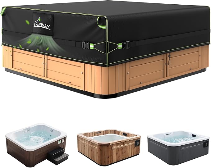 Uirway 600D Square Hot Tub Cover 91”L x 91”W x 20”H [2025 Upgraded Heavy Duty Fabric] Outdoor Waterproof SPA Covers for Hot Tub, New Super Windproof Straps, Hot Tub Winter Cover Protector with Anti-UV