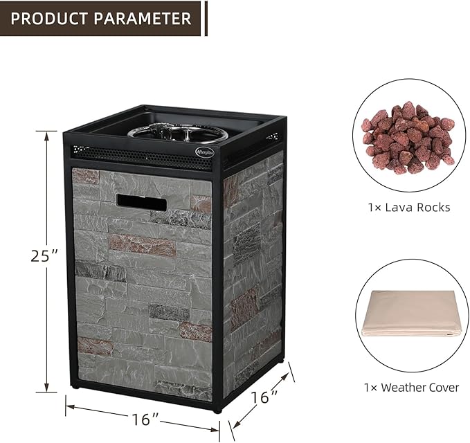 Afterglow Terrafab Grey Panels with Steel Frame 16" Square 40,000 Btu Propane Fire Column Outdoor Wood Effect Fire Pit for Outdoor Patio Garden Backyard Decking Decor CSA Certificated