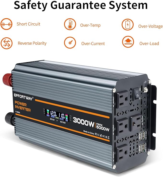 3000 watt Power Inverter DC 12V to AC 110V/120V Converter,6000w Peak.Comes with LCD Display,Wireless Controller,4AC outlets,4 USB.RV Inverter,Suitable for Camping,and Off-Grid Solar Inverter Systems