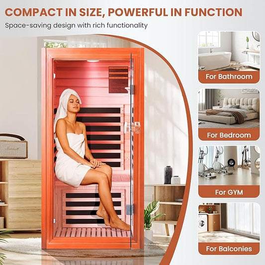 Single Person Far Infrared Sauna – 1065W 110V Indoor Wooden Dry Sauna with Red Light Therapy & Bluetooth Speaker – 31.5 x 31.5 x 63 inches