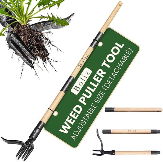 46” Detachable Weed Puller Tool Stand up Heavy Duty with 4-Claw Steel Head, Real Bamboo Garden Weed Pulling Tool, Weed Remover Tool Without Bending