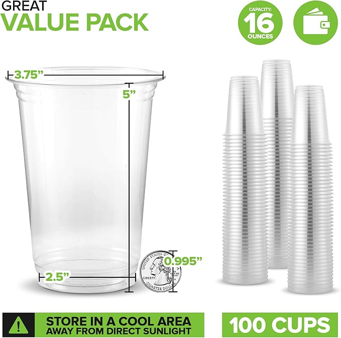 Stock Your Home16 oz Clear Commercially Compostable Cold Cups (100 Pack), Eco Party Cup, Environmentally Friendly Disposable Sustainable for Water, Wine, Beer Sample