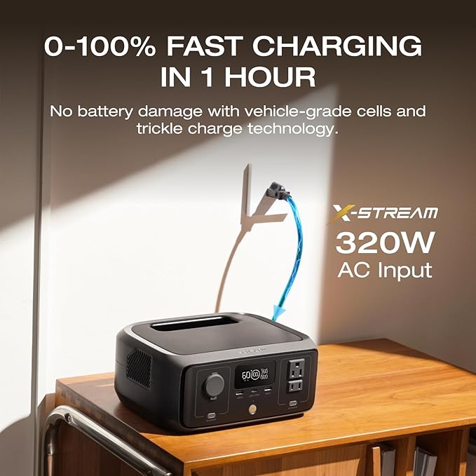 EF ECOFLOW Solar Generator RIVER 3 with 45W Solar Panel, 245Wh Portable Power Station LiFePO4 Battery, 300W Up to 600W AC Output, <20 MS UPS, 1Hr Fast Charging Power Station for Outdoor/Camping/RVs