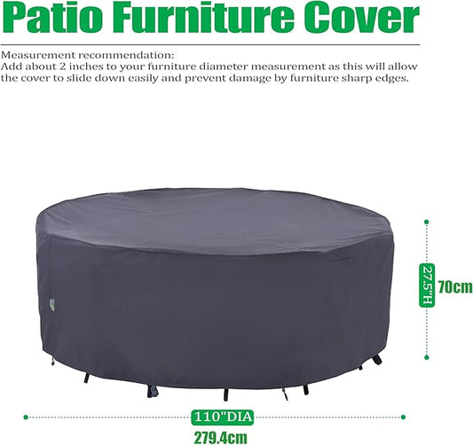 F&J Outdoors Outdoor Patio Furniture Covers, Waterproof UV Resistant Anti-Fading Cover for X-Large Round Table Chairs Set, Grey, 110" Dia x 27.5" H