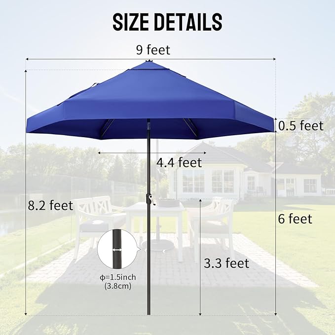 CROWN SHADES 9 Ft Patio Umbrella with Auto-Tilt & Olefin Fabric - Patented 90° Edge Connection Wind Resistant, Outdoor Umbrella for Table, Pool, Beach, Effortless Crank System