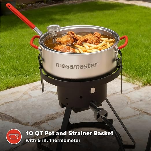 Megamaster Aluminium Fish Fryer Pot with Basket, 10.5QT Deep Fryer with Easy Grip Handle, Outdoor Propane Fryer Pot for Cooking Chicken Wings, Seafood, French Fries - 630-13004