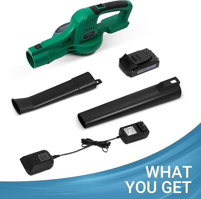 WISETOOL 20V Cordless Leaf Blower with Battery and Charger, Leaf Blower Battery Operated, Variable Speed with 2 Tubes for Patio, Leaves Blowing-Green