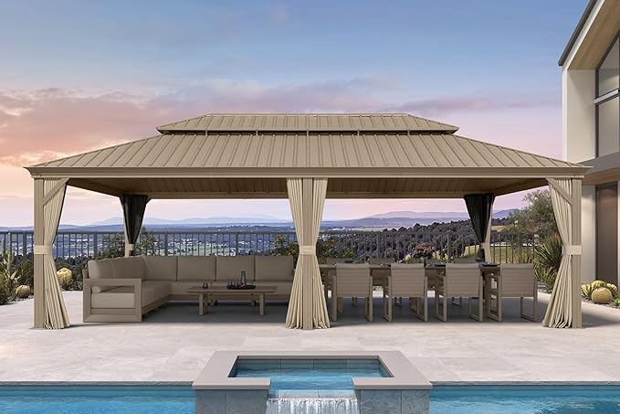 PURPLE LEAF Outdoor Gazebo 14'X20'，Champagne Hardtop Gazebo with Galvanized Steel Double Roof, Permanent Patio Gazebo with Curtains and Netting for Patio Lawn Garden and Deck