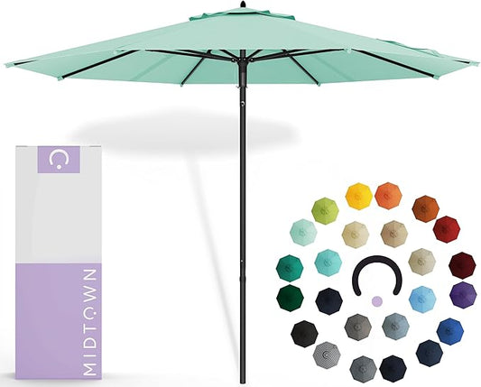 Midtown Umbrellas Push Pop Sunbrella Umbrella 10 Feet Large Outdoor Umbrella With Canvas Glacier Fabric - Deck Patio Umbrella, Backyard Umbrella, Garden Umbrella & Pool Umbrella - Black Pole