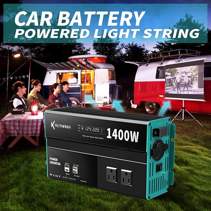 Power Inverters 500W 12V DC to 110V AC Converter for Vehicles USB-C/PD 25W Fast Charging Ports Car Charger Adapter with a Cigarette Lighter Ports Plug Outlet(Modified sine wave-1400W)