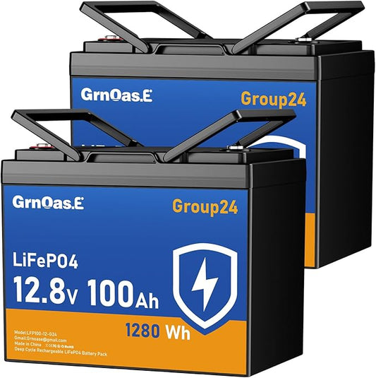 12V 100Ah LiFePO4 Lithium Battery, Group 24 Max Deep Cycle Battery with Low-Temp Cut Off Protection, Built-in 100A BMS, 1280Wh Rechargeable for Solar, Home Energy Storage, RVs, Marine Use (2 Pack)