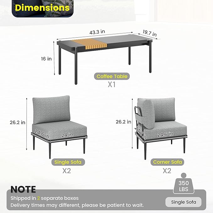 Sundale Outdoor 5 Pieces Metal Patio Furniture Set, Outdoor Sectional Sofa w/6 Inch Olefin Cushion and Coffee Table, Modern Outdoor Conversation Sets (4 Seats, Grey Frame)
