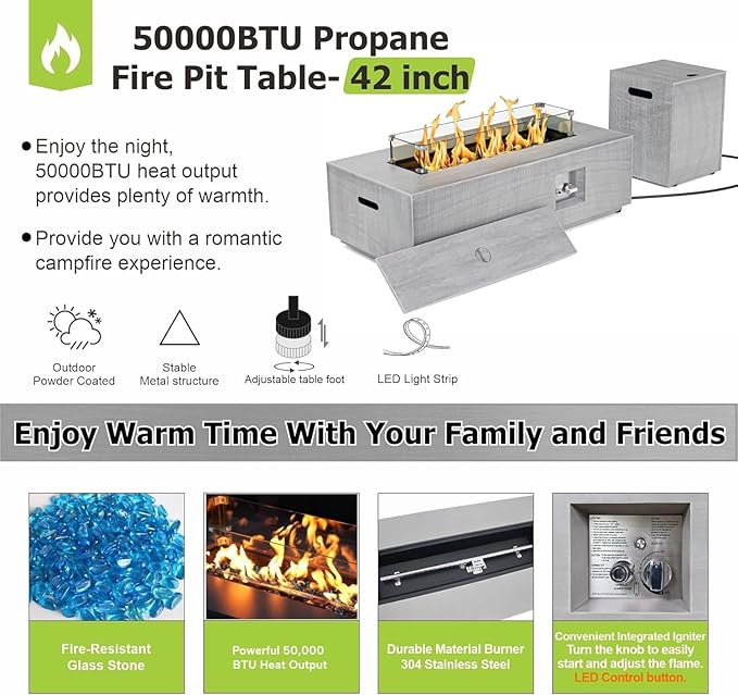 42" Propane Fire Pit Table with LED Light 50,000 BTU Outdoor Fireplace Table Includes Wind Guard, Lid, Rocks & Cover - Gas Firepit Table, Chimenea para Patio (Light Grey/Golden Light, 42" LED)