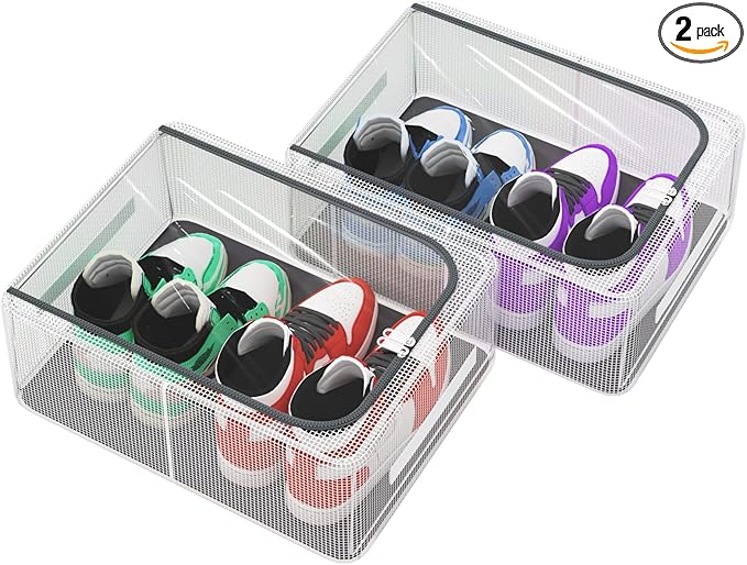 Stackable Storage Boxes with Clear Lids, 16-Inch Closet Storage Container with Metal Frame for Shoe, Boot, ﻿Sneaker ﻿ (2 Pack)