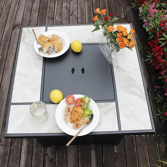 30" Propane Fire Pit with Real Ceramic Tabletop, 50000 BTU Gas Firepit Table with Lid & Glass Rock, Outdoor Fire Pit for Dining or Party, Firepit for Outside, Patio, Garden, Yard