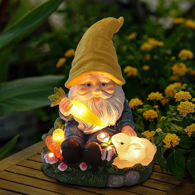 NATASE Solar Garden Outdoor Statues Gnome Feeding Rabbit with 6 LED Lawn Decor Outside Decorations for Patio, Balcony, Yard Ornament Unique Garden Gift