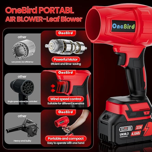Cordless-Leaf-Blower-Electric Leaf Blower for Lawn Care 560 CFM-Handheld Blower Portable with Battery and Charger with 21V-4.0Ah-2 Batteries, Lightweight Blower for Patio Cleaning dust -red