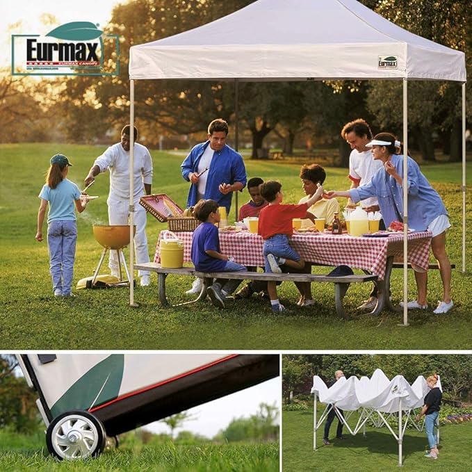 Eurmax USA 8'x12' Pop Up Canopy Tent Commercial Instant Canopies with Heavy Duty Roller Bag,Bonus 4 Sand Weights Bags (White)