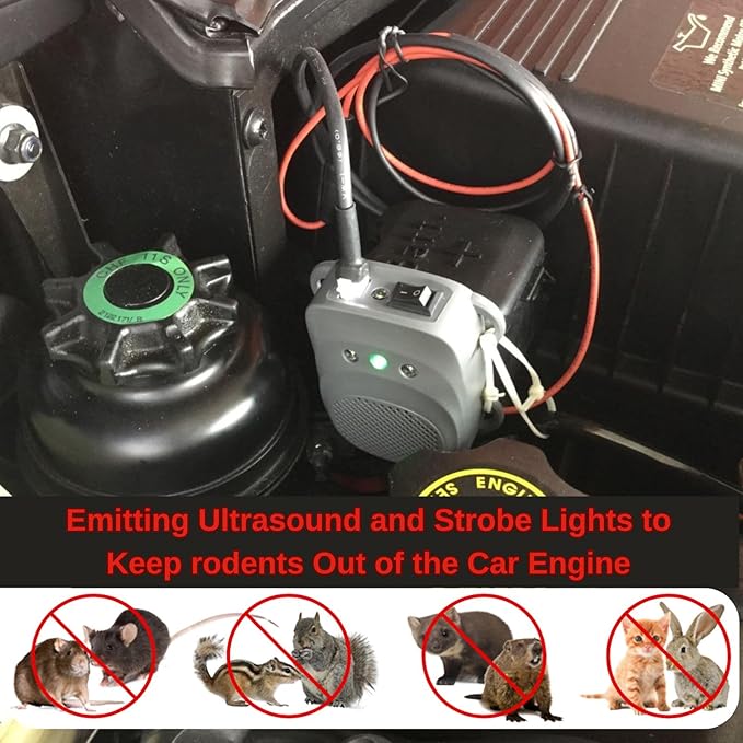 Under Hood Rodent Repeller Ultrasonic Rodent Repellent for Car Engine Rat Deterrent Keep Mice Out of Vehicle 24V 12V Mouse Repeller Wires RV Protection 2 Pack