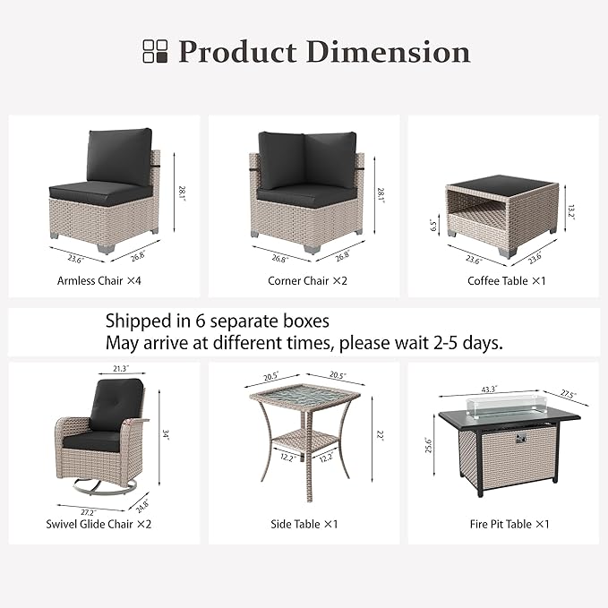 11 Pieces Patio Furniture Set with Fire Pit Table, Outdoor Sectional Wicker Sofa with Thick Cushions, High Back Swivel Rocker Patio Chairs, Rattan Conversation Set with Coffee Table, Black