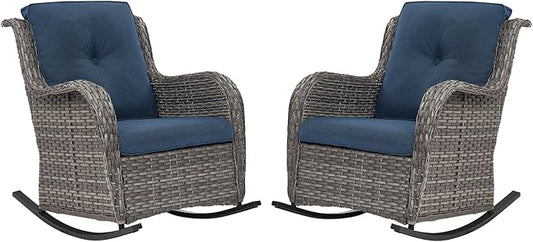 Patio Rocking Chairs Set of 2, Outdoor Gliders Patio Rockers, Wicker Outdoor Rocking Chairs for Porch, Deck, Yard, Sunroom, Garden, Grey Wicker/Blue Cushions
