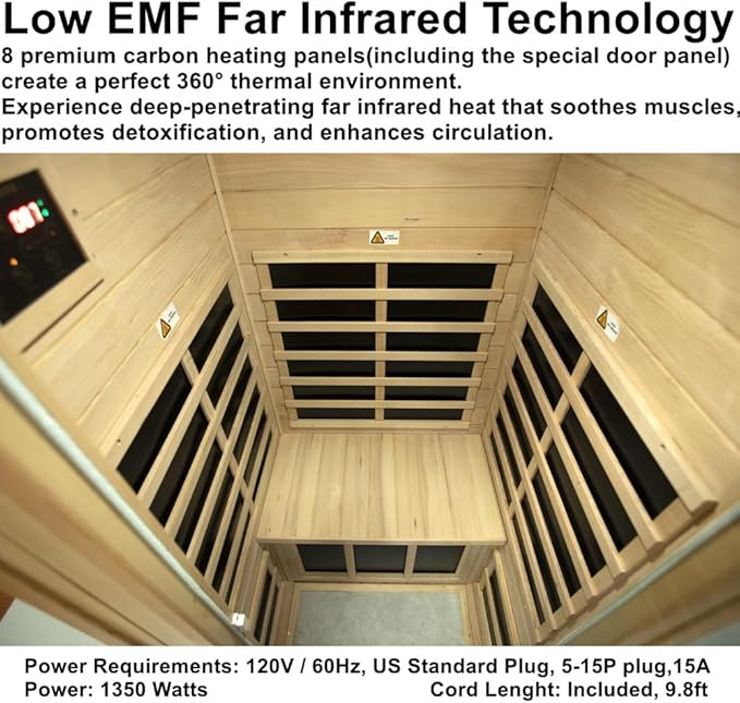 Red Cedar Sauna 1 Person Low EMF Far Infrared Saunas for Home, 1350 watt Indoor Personal Sauna Room with Door Heating Panels, Clothing Hanging Rod, Blue-Tooth Speakers, LED Reading Lamp