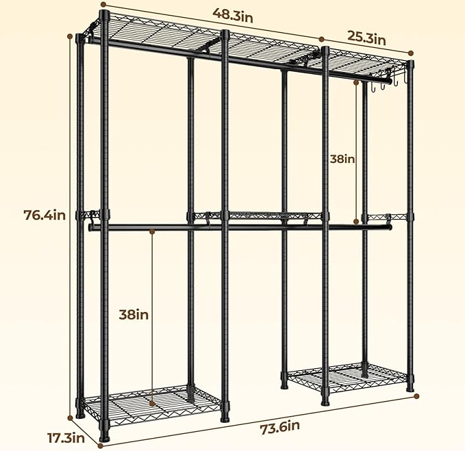 Portable Closet Heavy Duty Clothes Rack, Freestanding Clothing Racks for Hanging Clothes, Adjustable Garment Wardrobe Rack with 4 Hang Rods & Shelves ,73.6" L x 17.3" W x 76.4" H, Black