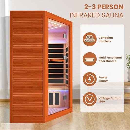 2-3 Person Sauna Corner Sauna Far Infrared Saunas Room Home Canadian Hemlock Indoor 2100W Low-EMF Dry Saunas with Red Light Therapy Beauty Lamp 47.2 * 47.2 * 74.8inch