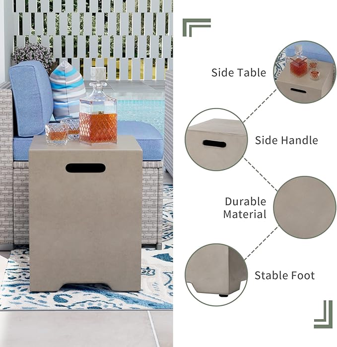 COSIEST 35-inch Square Outdoor Sandstone Propane Fire Pit w Wind Guard and Side Table, Certified, 50,000 BTU Stainless Steel Burner, Free Lava Rocks and Rain Cover, Metal Lid(Gray)