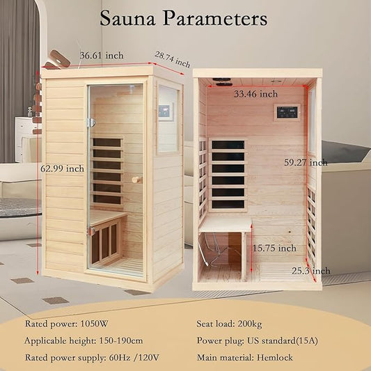 LTCCDSS 1 Person Far Infrared Sauna, Infrared Sauna for Home, with 1050W Indoor Sauna, Low EMF Heaters, 2 Bluetooth Speakers, 1 LED Reading Lamp Hemlock Wood Sauna Room (Left and Right Door Randomly)