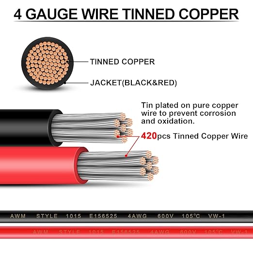 4 Gauge Wire - iGreely 30 FT Red & 30 FT Black 4 Gauge Tinned Copper Electrical Wire Cable for Car Audio Automotive Trailer Marine Harness Wiring 4AWG 30Ft