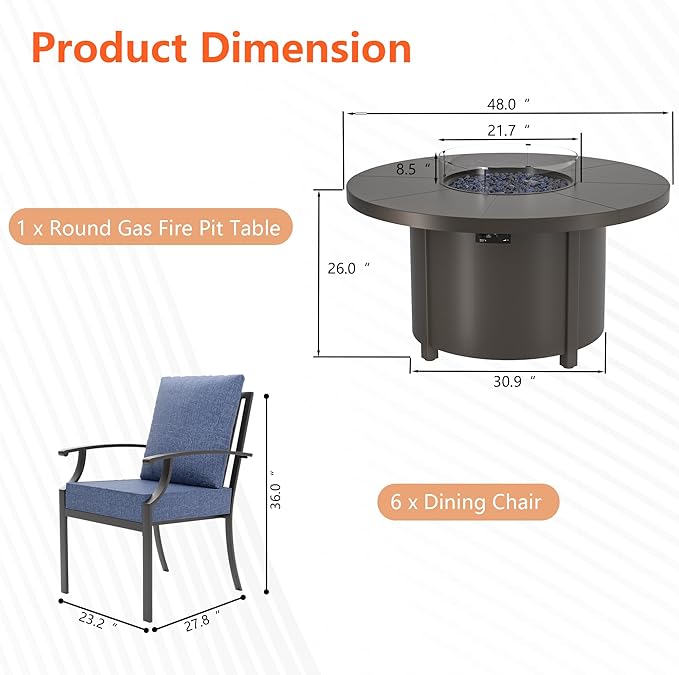 7 Pieces Patio Furniture Set with Round Fire Pit Table, Outdoor Conversation Sets 6 Chairs with Upgrade Cushions for Patio, Backyard Dark Blue