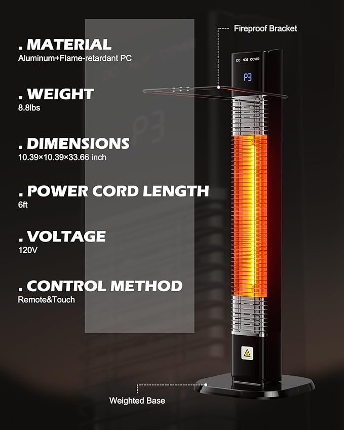 MEPTY 1500W Outdoor Electric Heater, Infrared Patio Heaters for Outdoor Use with Remote&Touch Control, 24H Timer,3 Heat Settings, Quiet,Overheat&Tip-Over Protection for Deck,Balcony,Porch,Backyard