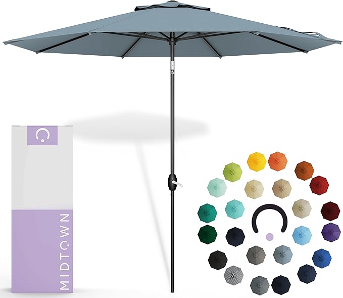Midtown Umbrellas Sunbrella Umbrella 9 Feet Outdoor Umbrella With Canvas Haze Acrylic Fabric - Auto-Tilt Aluminum Frame Patio Umbrella For Backyard, Deck, Garden, Pool - Black Pole