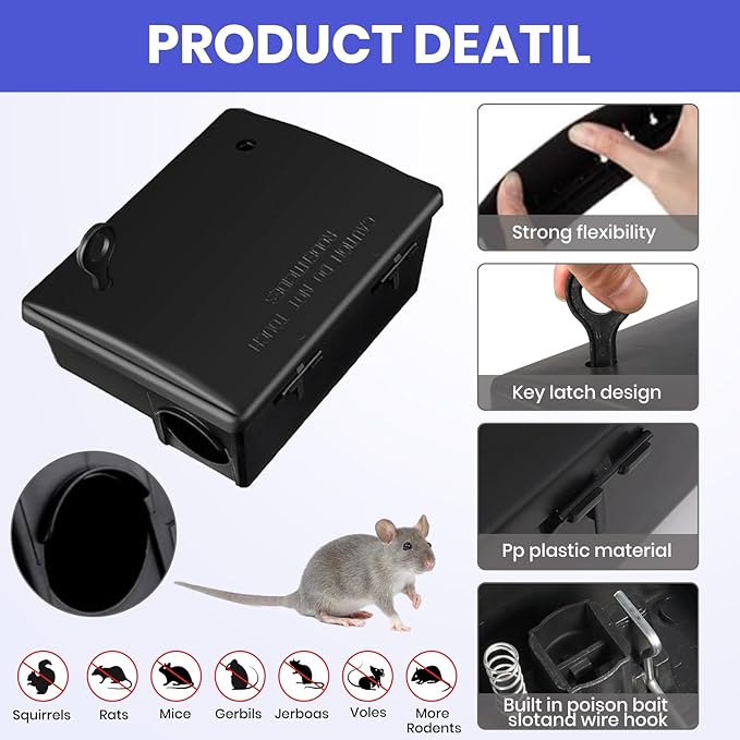 12 Pack Key–Required Rat Bait Stations & Mouse Bait Stations – 6 Large & 6 Compact, Lockable Weather–Resistant Plastic for Indoor & Outdoor – Keeps Children & Pets Safe