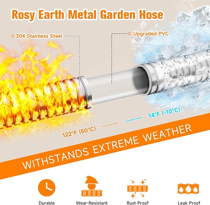 Garden Hose 15 FT, 304 Stainless Steel Metal Water Hose, Heavy Duty Flexible Leader Hose, Short Water Hose Kink Free Hose for Rv, Outdoor, Yard, No Bite, Leak proof and Durable