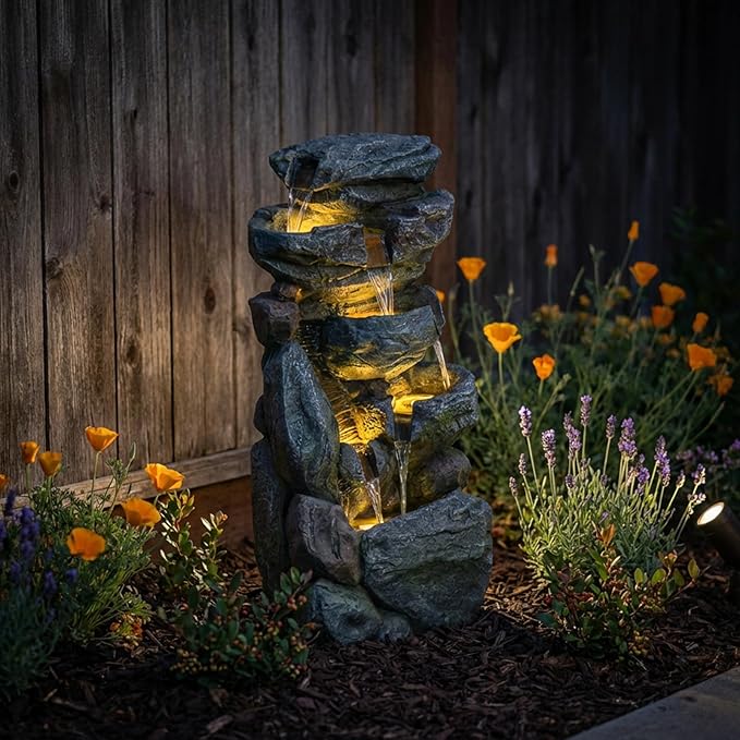 Bumilgar Water Features Outdoor Patio 6-Tier Cascading Rock Water Fountain 31.5''Water Fall Fountain Outside Resin Fountain with Light Mossy Rock Floor Garden Fountain Indoor for Relaxation Home Decor